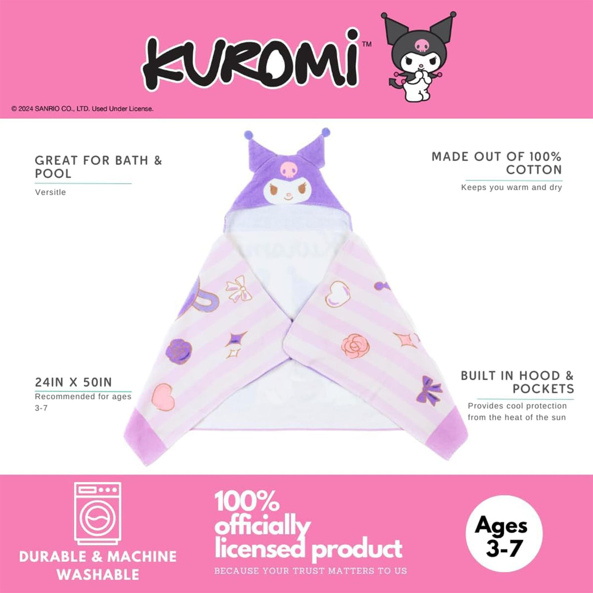 Sanrio Kuromi Soft Hooded Towel Wrap | 24 X 50 Inches