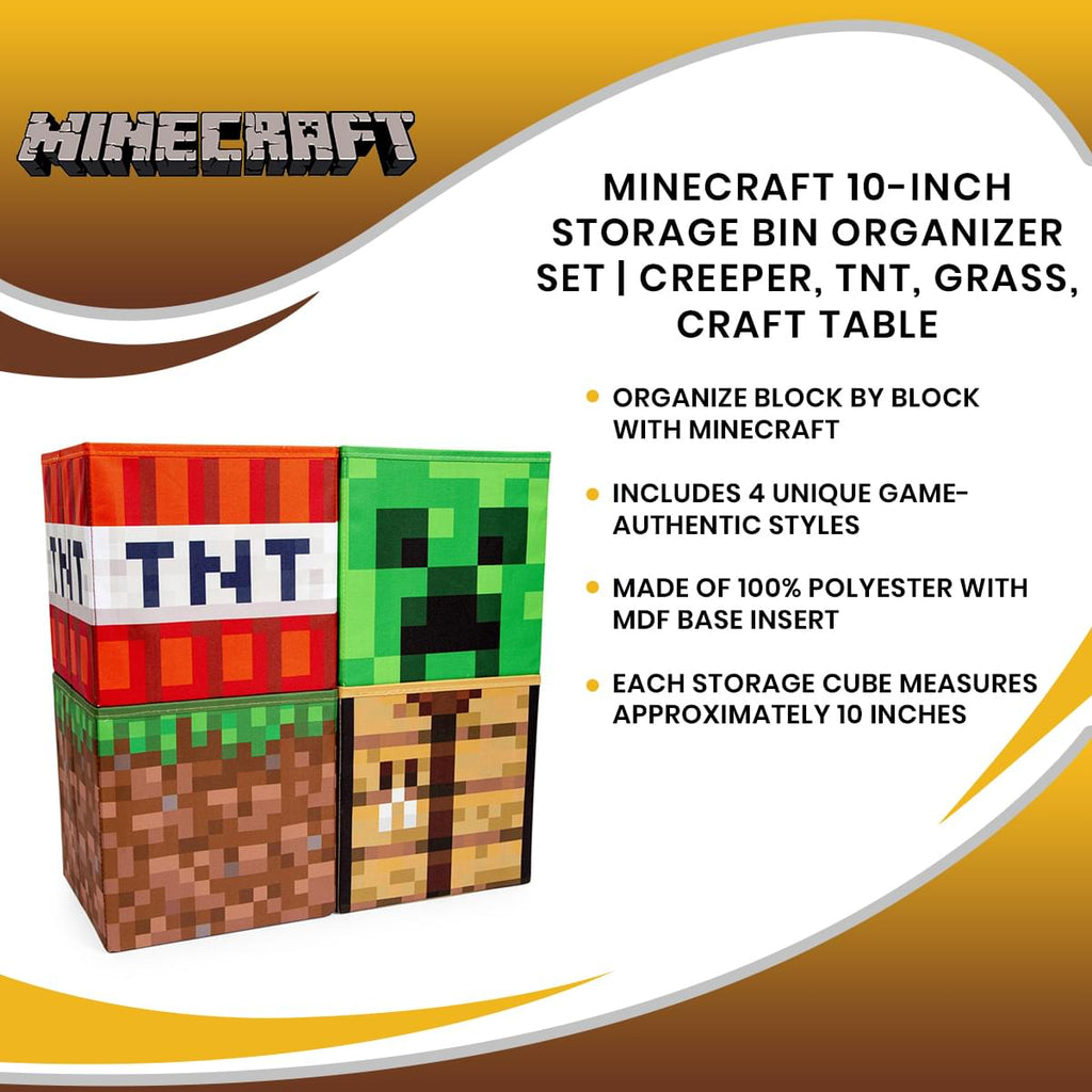 Minecraft 10-Inch Storage Bin Organizer Set | Creeper, TNT, Grass, Craft Table