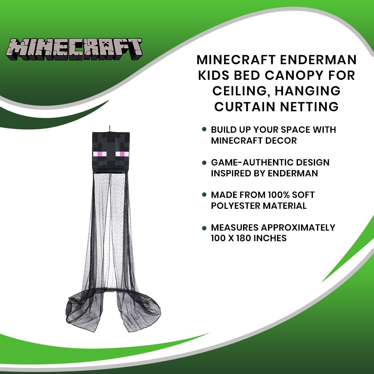 Minecraft Enderman Kids Bed Canopy for Ceiling, Hanging Curtain Netting