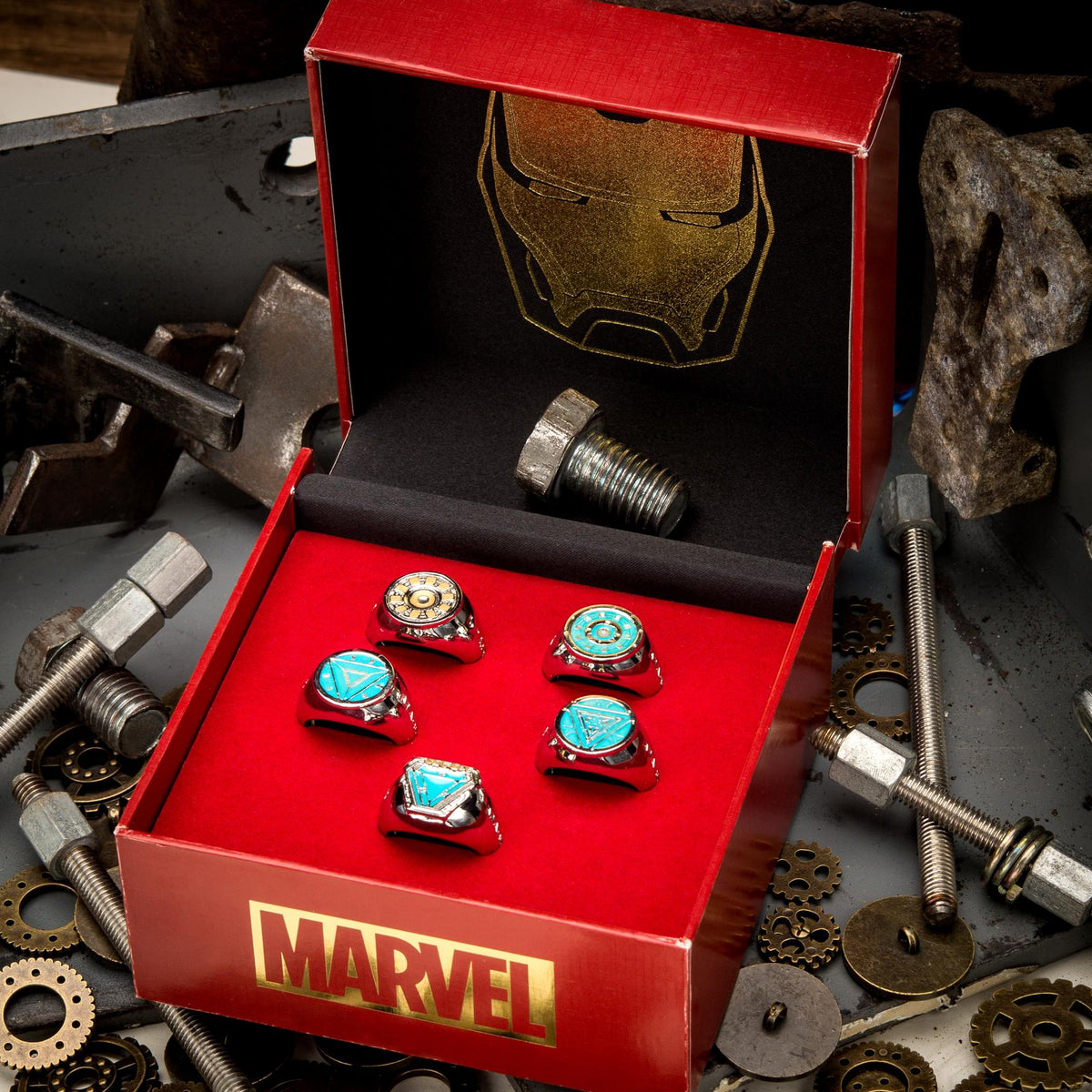 Marvel Iron Man Arc Reactor Adjustable 5 Ring Box Set