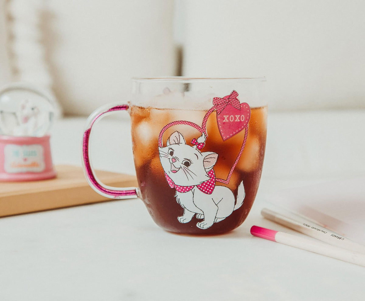 Disney The Aristocats Marie "XOXO" Glitter Handle Glass Mug | Holds 14 Ounces