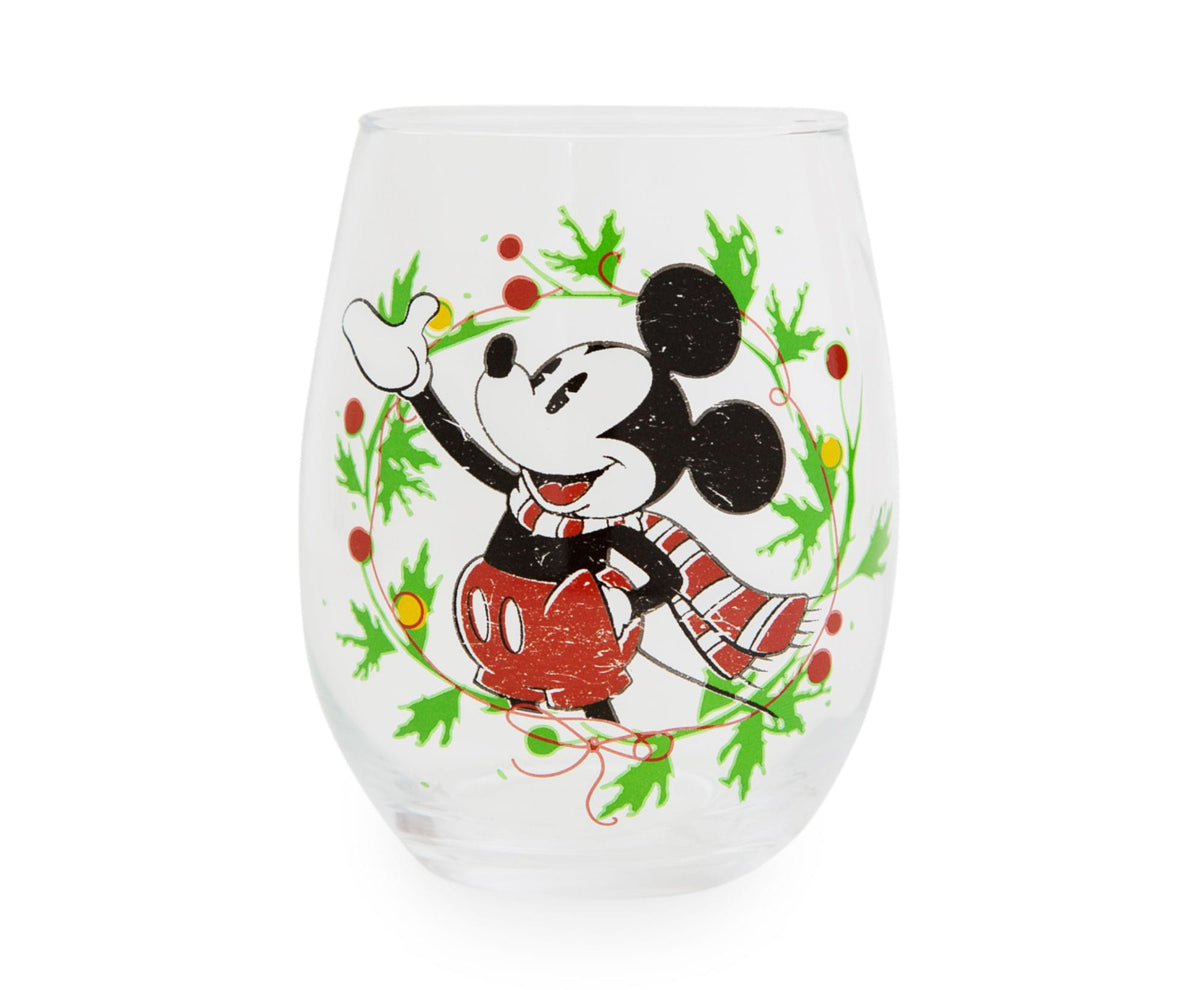 Disney Mickey Mouse Christmas Wreath Stemless Wine Glass | Holds 20 Ounces