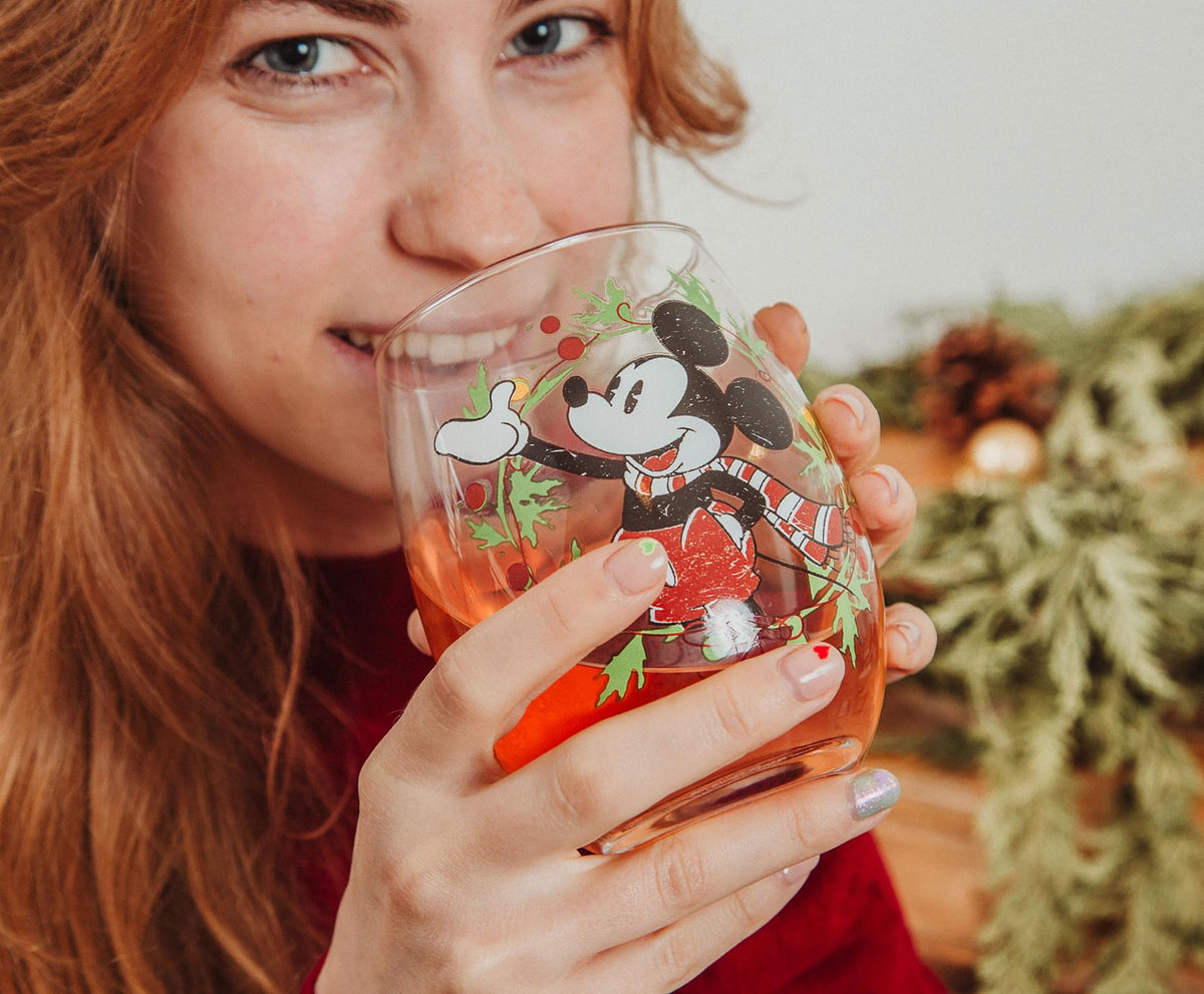 Disney Mickey Mouse Christmas Wreath Stemless Wine Glass | Holds 20 Ounces