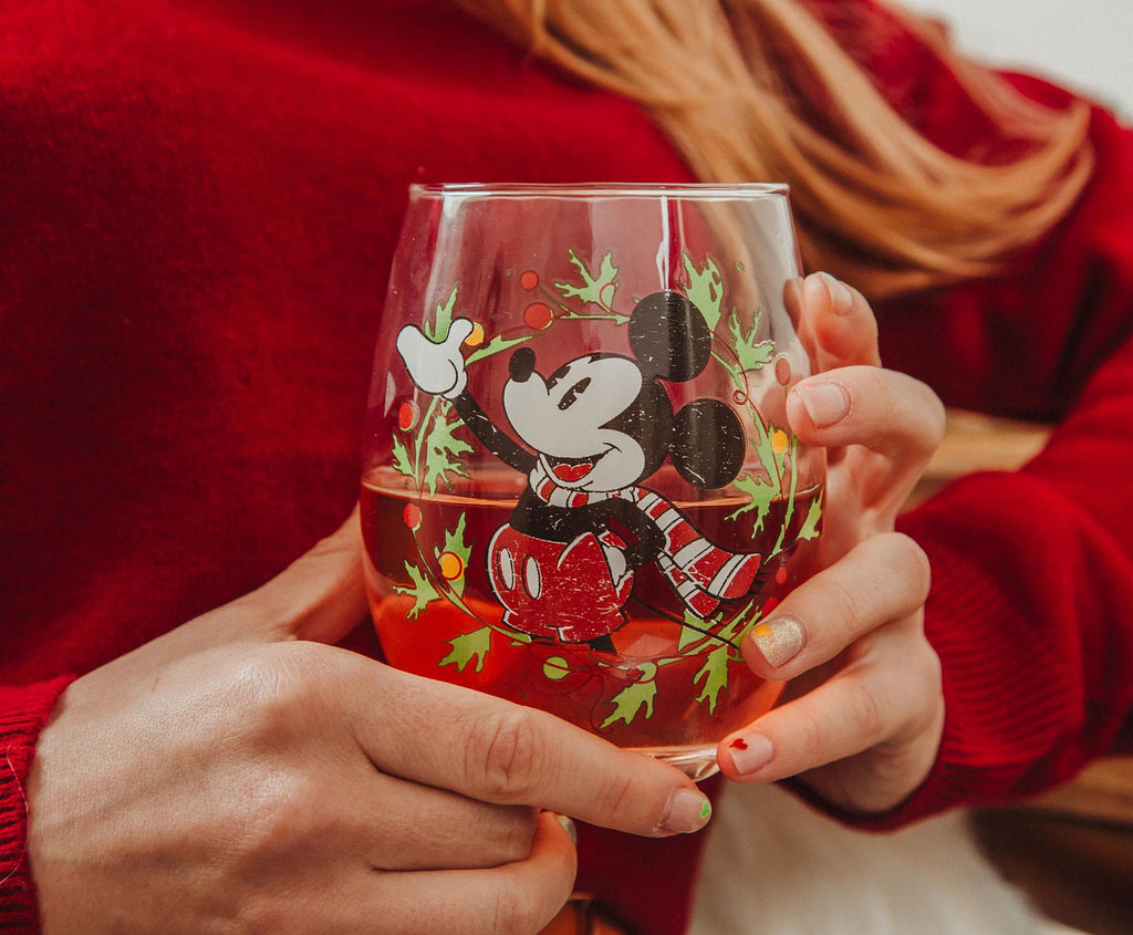 Disney Mickey Mouse Christmas Wreath Stemless Wine Glass | Holds 20 Ounces
