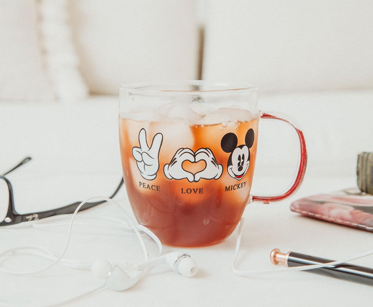 Disney "Peace Love" Mickey Mouse Glitter Handle Glass Mug | Holds 14 Ounces