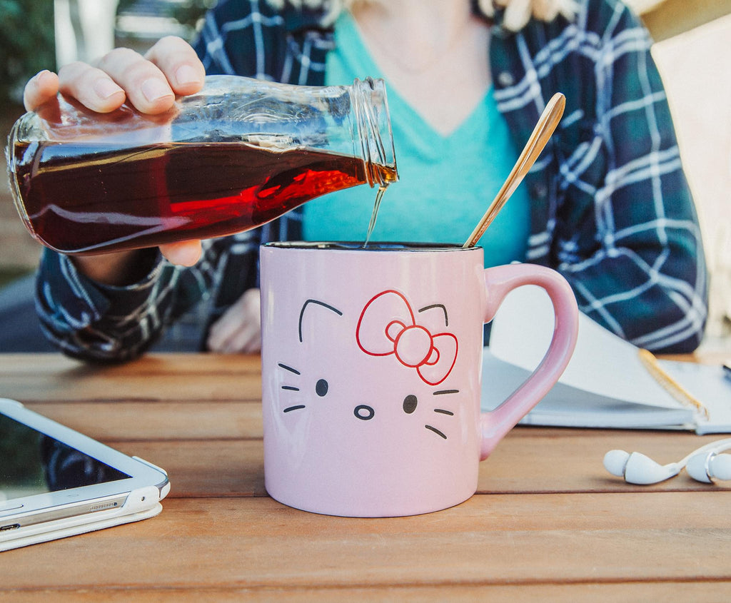 Sanrio Hello Kitty Pink Outline Face Wax Resist Ceramic Mug | Holds 14 Ounces