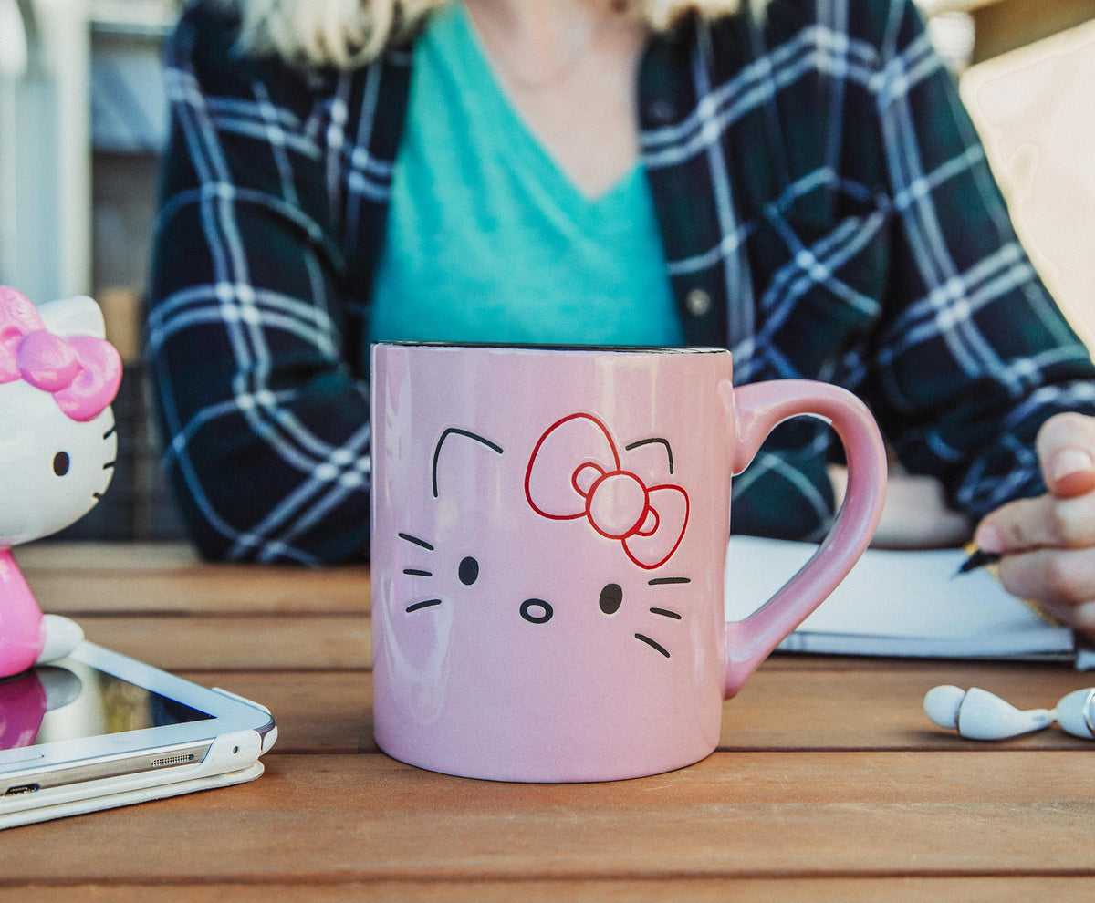 Sanrio Hello Kitty Pink Outline Face Wax Resist Ceramic Mug | Holds 14 Ounces