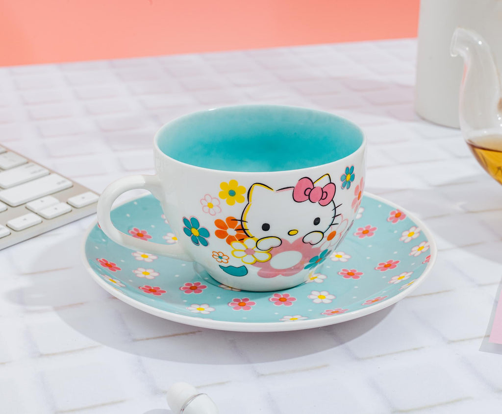 Sanrio Hello Kitty Floral Bone China Teacup and Saucer Set | Holds 7 Ounces