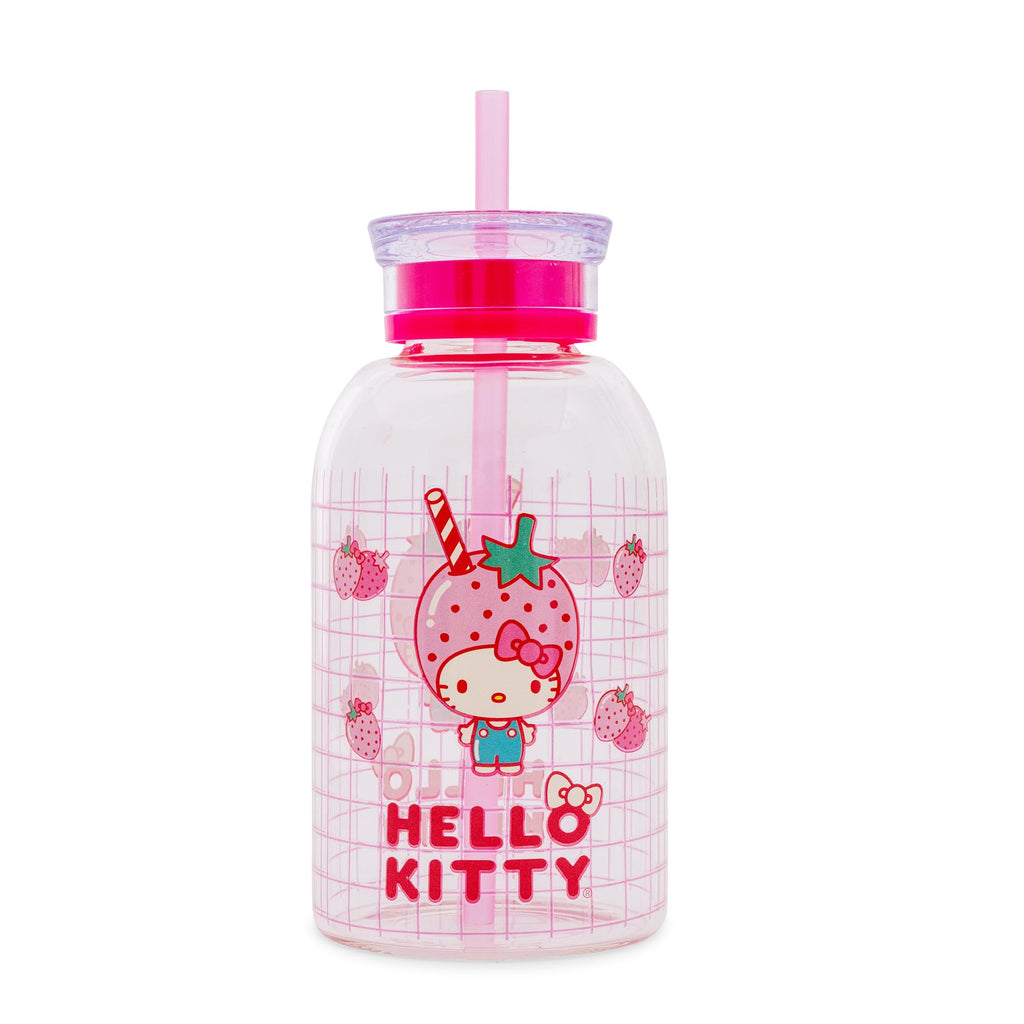 Sanrio Hello Kitty Pink Strawberry 15-Ounce Glass Milk Bottle With Straw