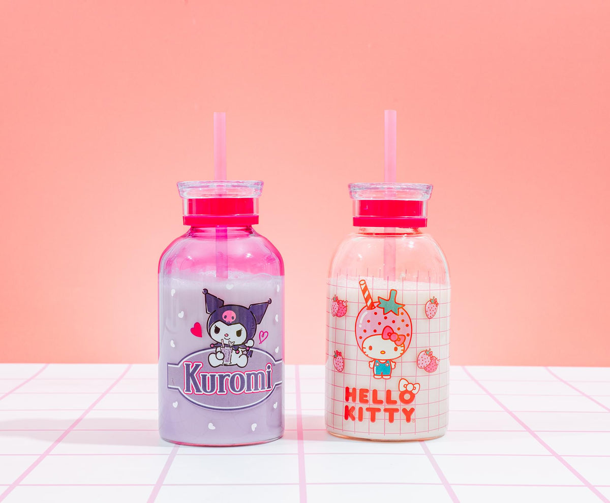 Sanrio Hello Kitty Pink Strawberry 15-Ounce Glass Milk Bottle With Straw