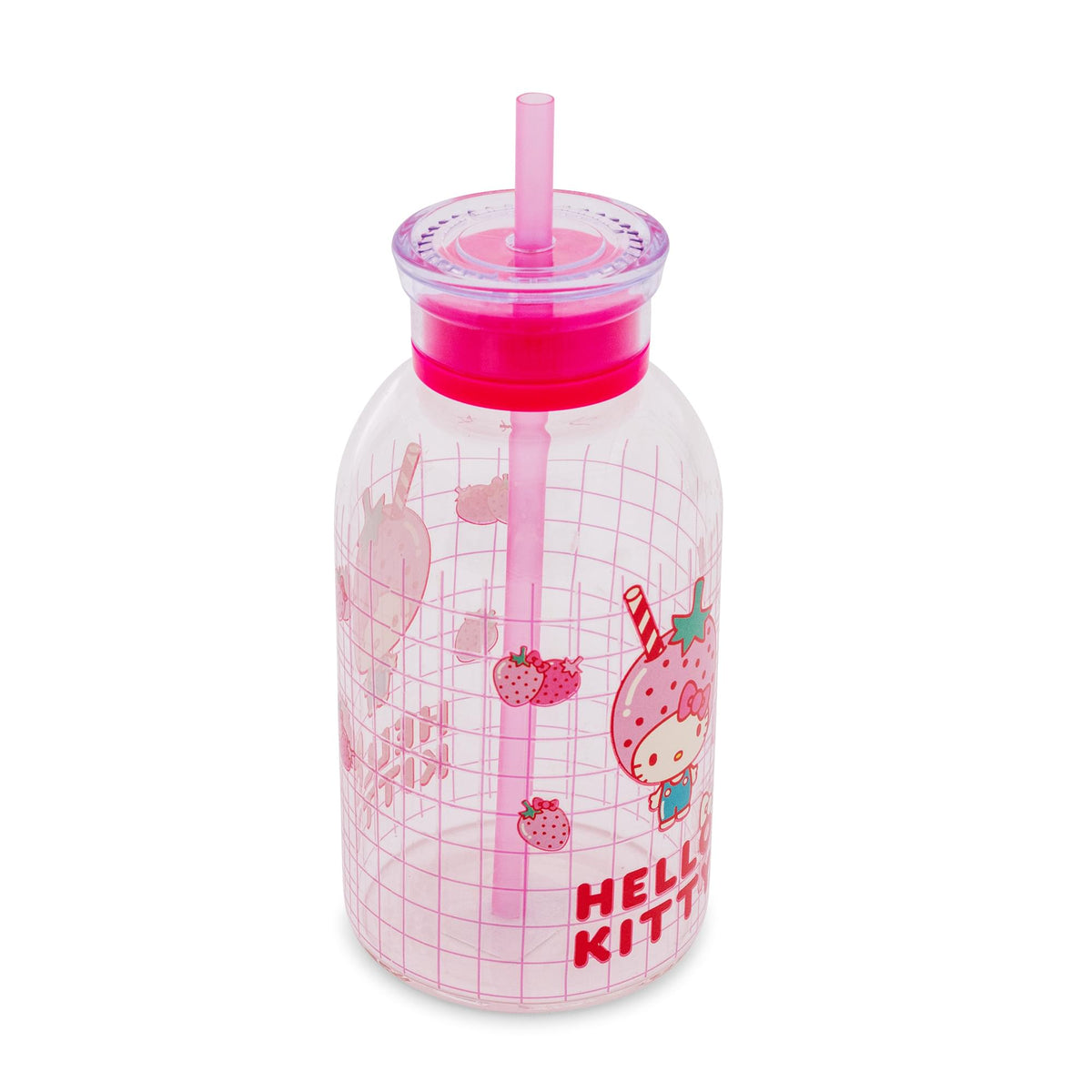 Sanrio Hello Kitty Pink Strawberry 15-Ounce Glass Milk Bottle With Straw