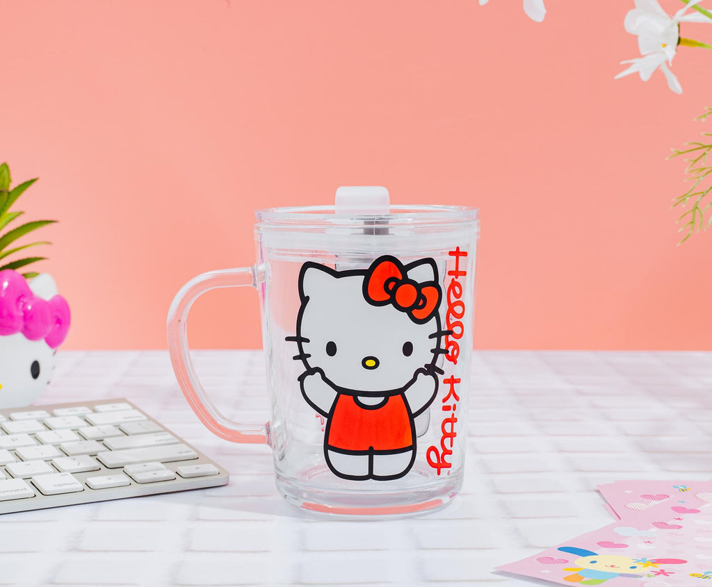 Sanrio Hello Kitty Red Outfit Glass Mug With Lid | Holds 14 Ounces
