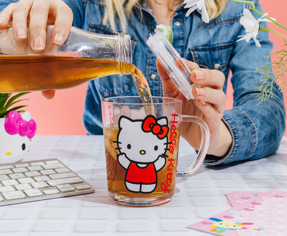 Sanrio Hello Kitty Red Outfit Glass Mug With Lid | Holds 14 Ounces