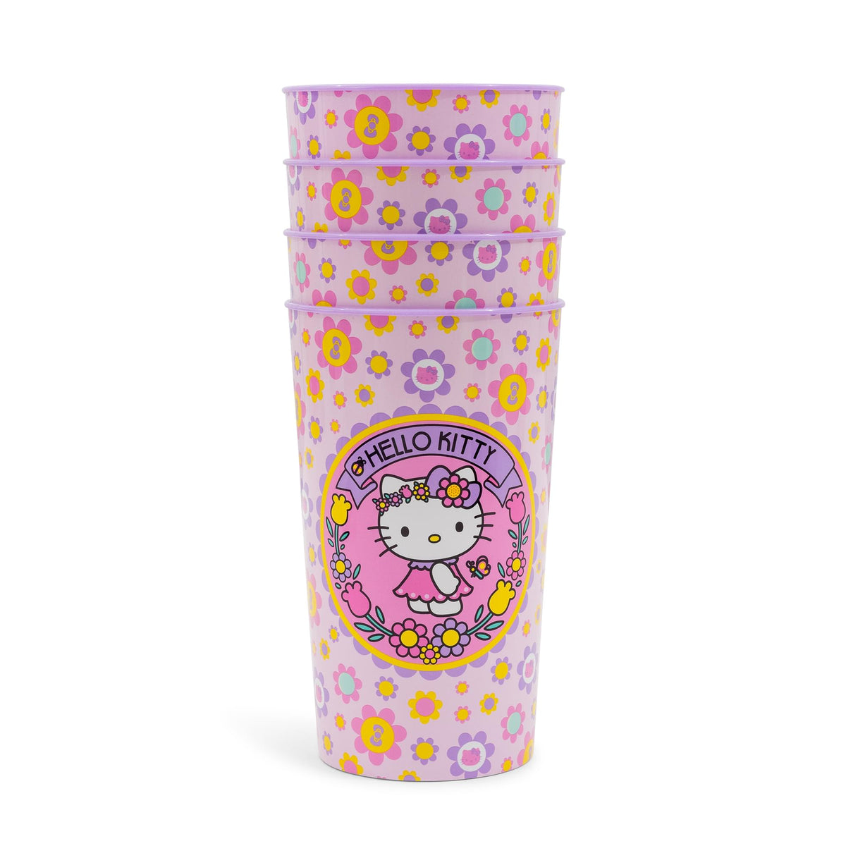 Sanrio Hello Kitty Flowers 4-Piece Plastic Cup Set | Each Holds 22 Ounces