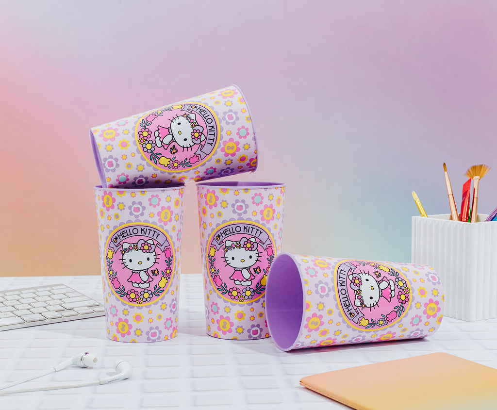 Sanrio Hello Kitty Flowers 4-Piece Plastic Cup Set | Each Holds 22 Ounces