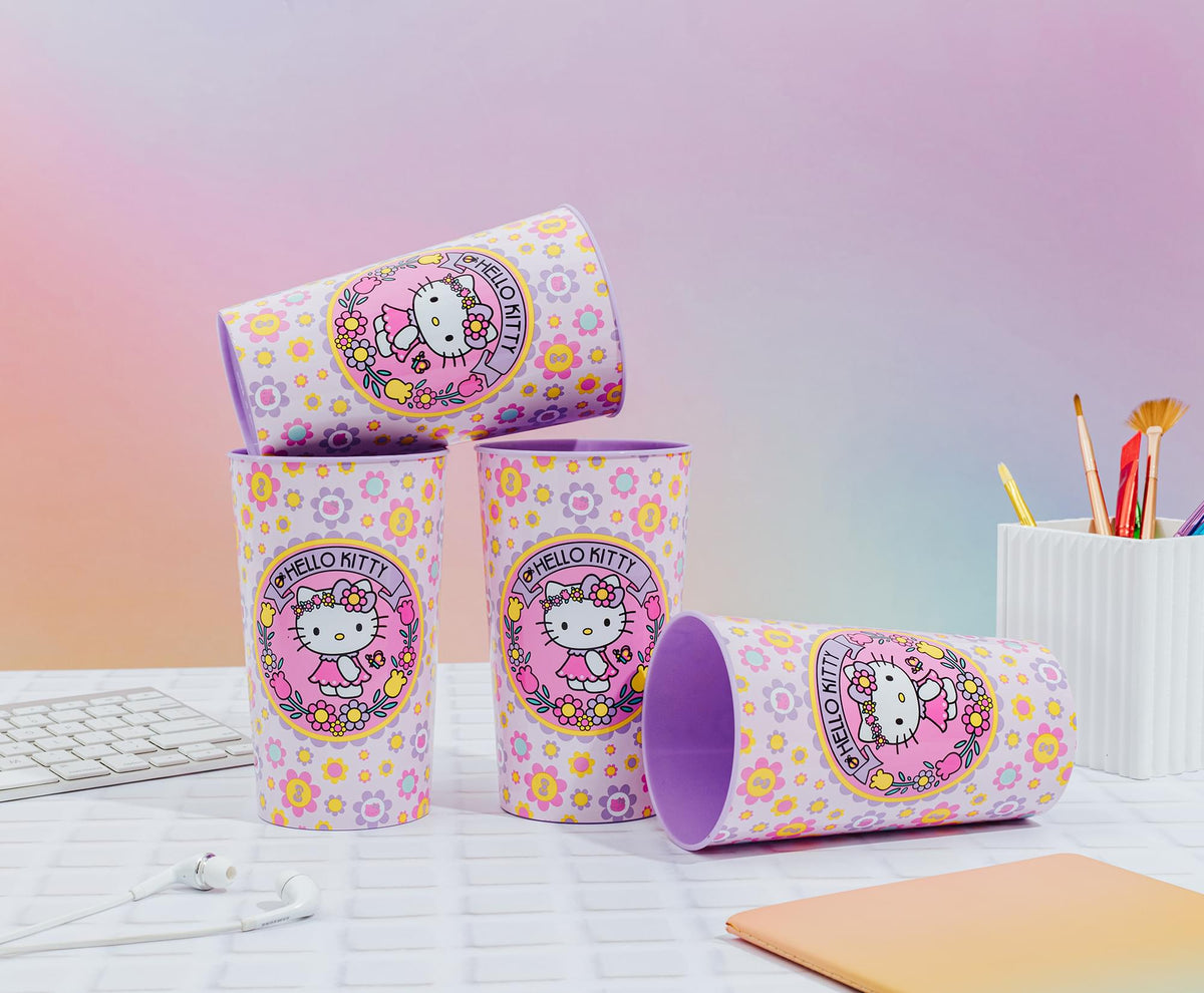 Sanrio Hello Kitty Flowers 4-Piece Plastic Cup Set | Each Holds 22 Ounces