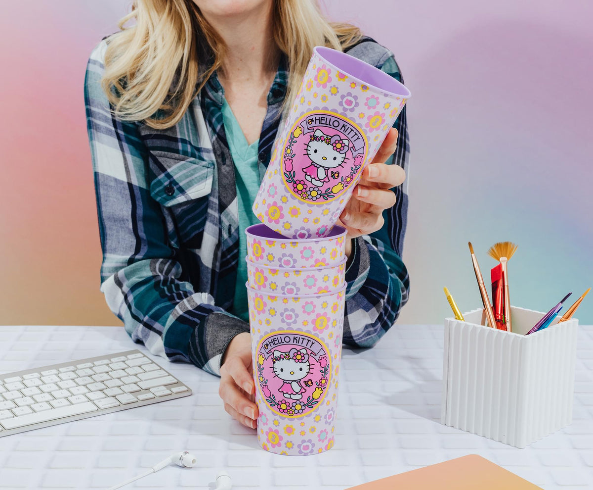 Sanrio Hello Kitty Flowers 4-Piece Plastic Cup Set | Each Holds 22 Ounces