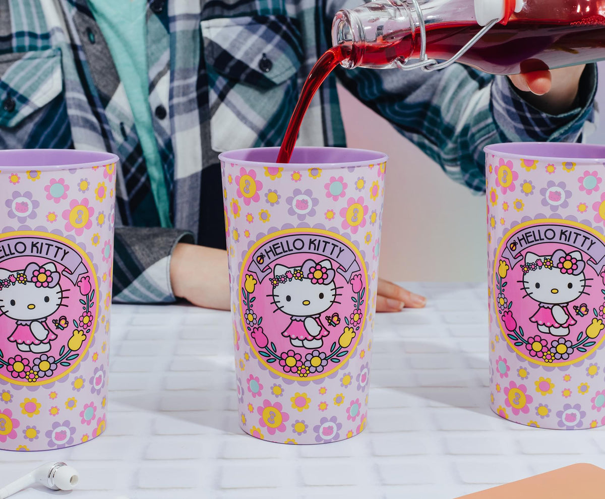Sanrio Hello Kitty Flowers 4-Piece Plastic Cup Set | Each Holds 22 Ounces