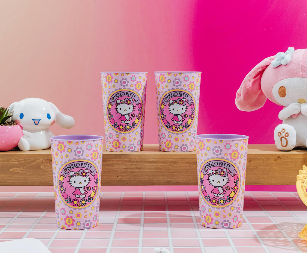 Sanrio Hello Kitty Flowers 4-Piece Plastic Cup Set | Each Holds 22 Ounces