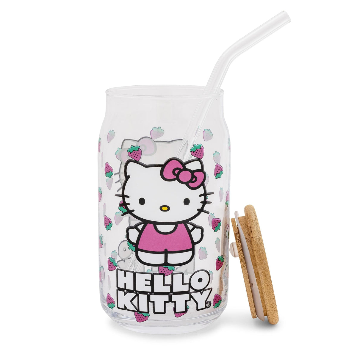 Sanrio Hello Kitty Strawberry 16-Ounce Glass Tumbler With Bamboo Lid and Straw