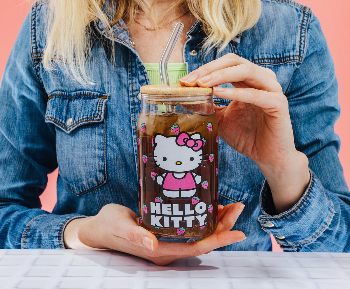 Sanrio Hello Kitty Strawberry 16-Ounce Glass Tumbler With Bamboo Lid and Straw