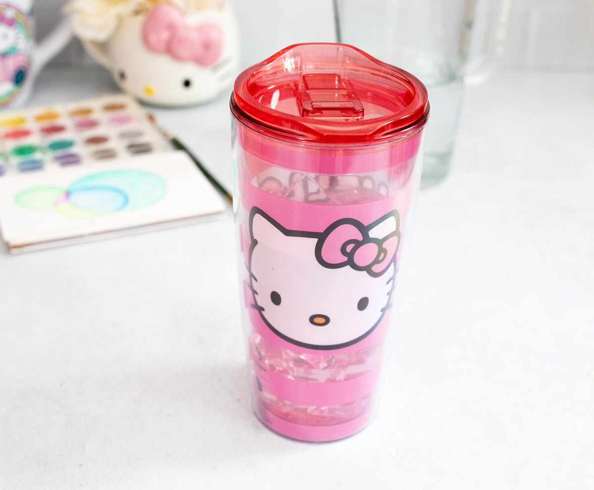 Sanrio Hello Kitty Pink Stripes Travel Tumbler with Slide Close Lid | 20 Ounces
