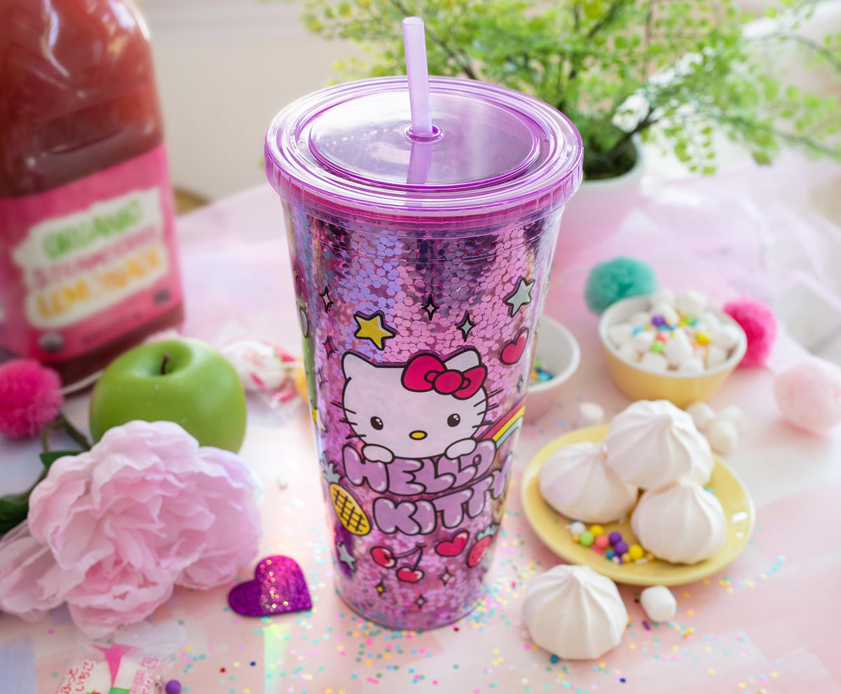 Sanrio Hello Kitty Rainbow Confetti Carnival Cup With Lid and Straw | 32 Ounces