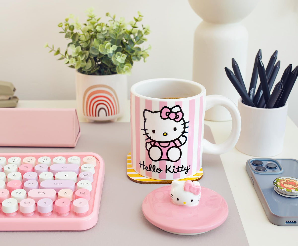 Sanrio Hello Kitty Pink Stripes Ceramic Mug With Lid | Holds 18 Ounces