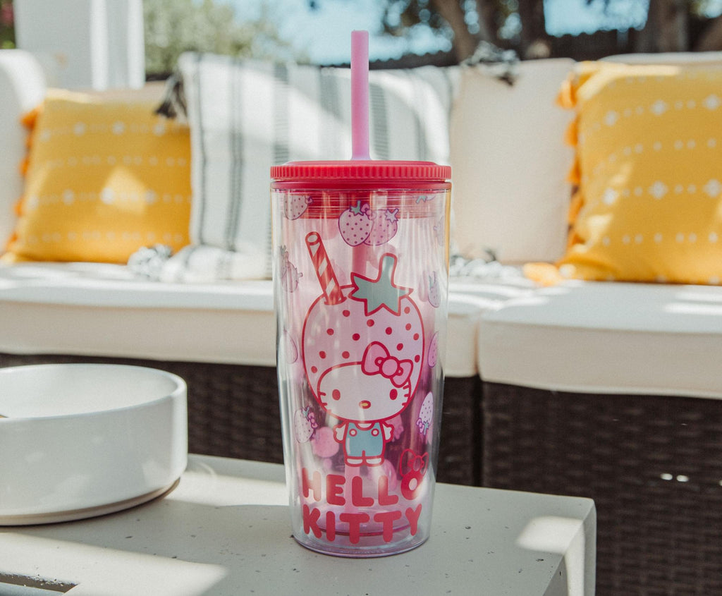 Sanrio Hello Kitty Strawberries Plastic Tumbler With Lid and Straw | 20 Ounces