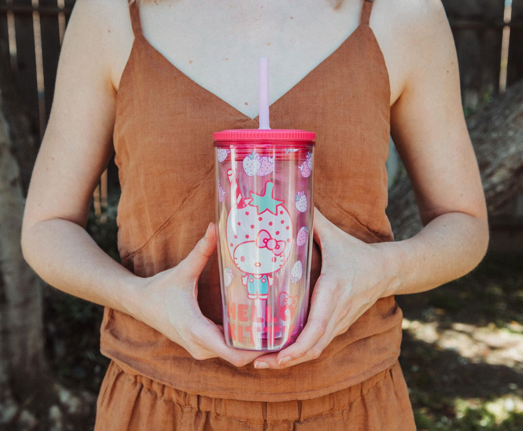 Sanrio Hello Kitty Strawberries Plastic Tumbler With Lid and Straw | 20 Ounces