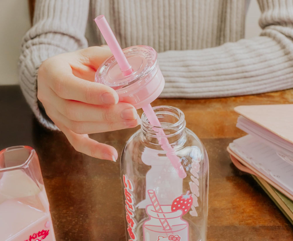 Sanrio Hello Kitty Strawberry Glass Milk Bottle With Straw | Holds 15 Ounces