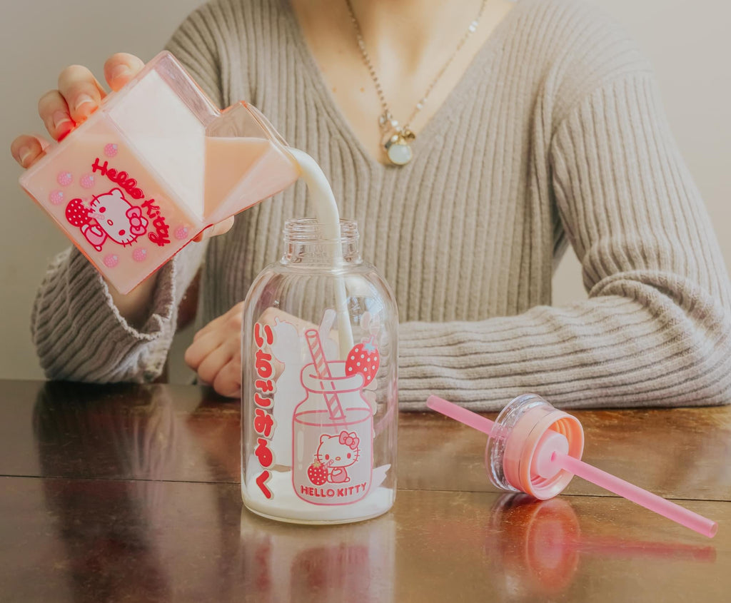 Sanrio Hello Kitty Strawberry Glass Milk Bottle With Straw | Holds 15 Ounces