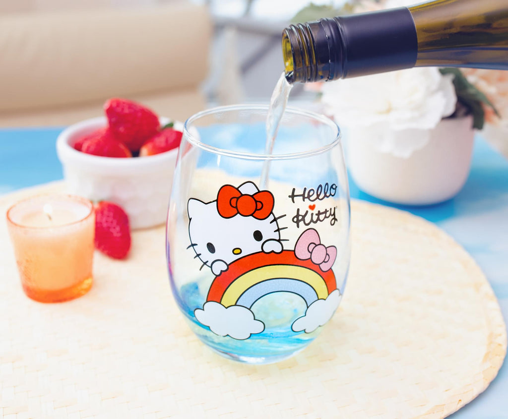 Sanrio Hello Kitty Rainbow Peek Stemless Wine Glass | Holds 20 Ounces