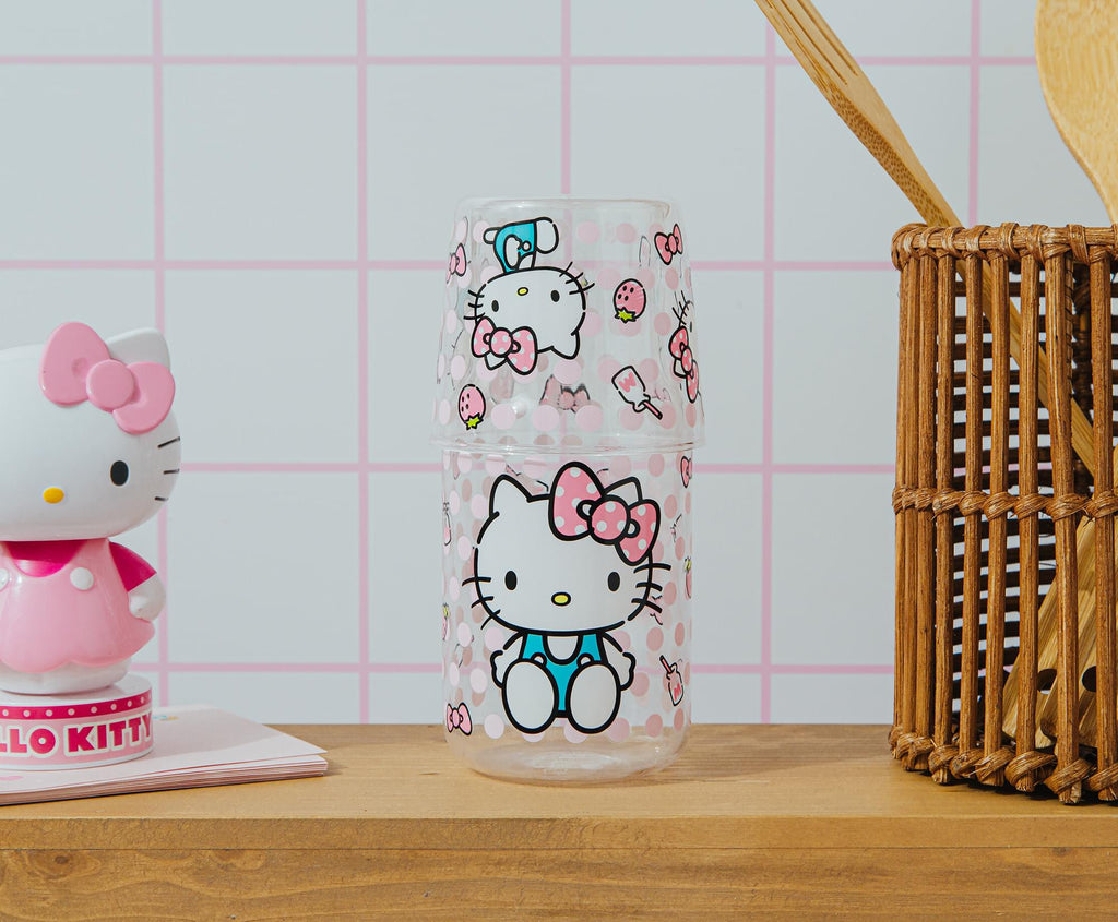 Sanrio Hello Kitty Pink Dots 18-Ounce Glass Pitcher and 8-Ounce Cup