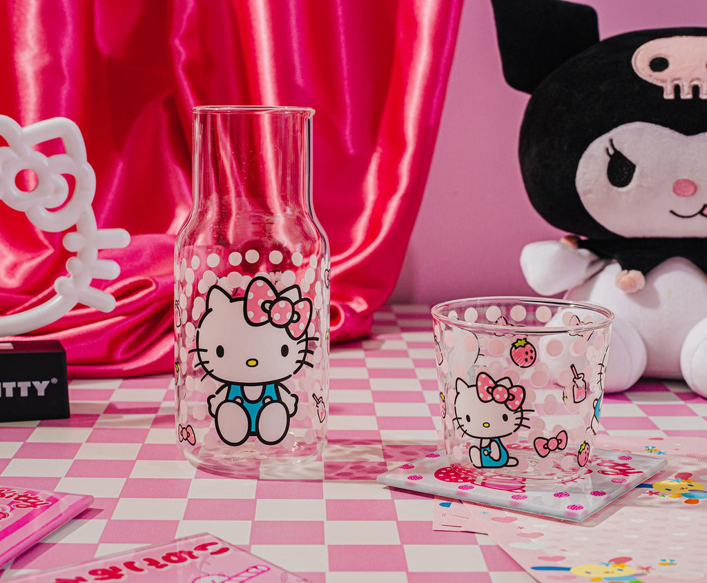 Sanrio Hello Kitty Pink Dots 18-Ounce Glass Pitcher and 8-Ounce Cup
