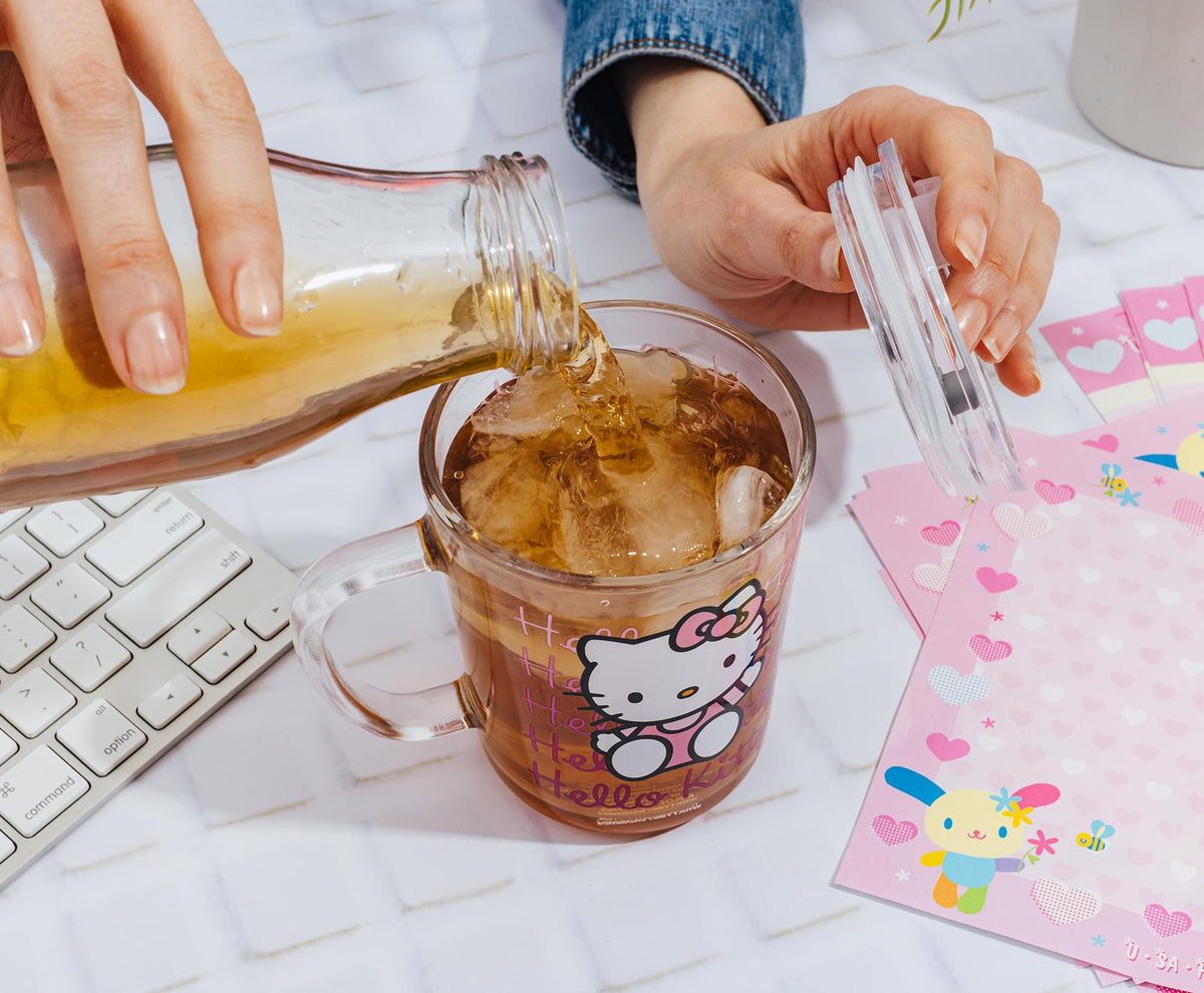 Sanrio Hello Kitty Pink Outfit Glass Mug With Lid | Holds 14 Ounces