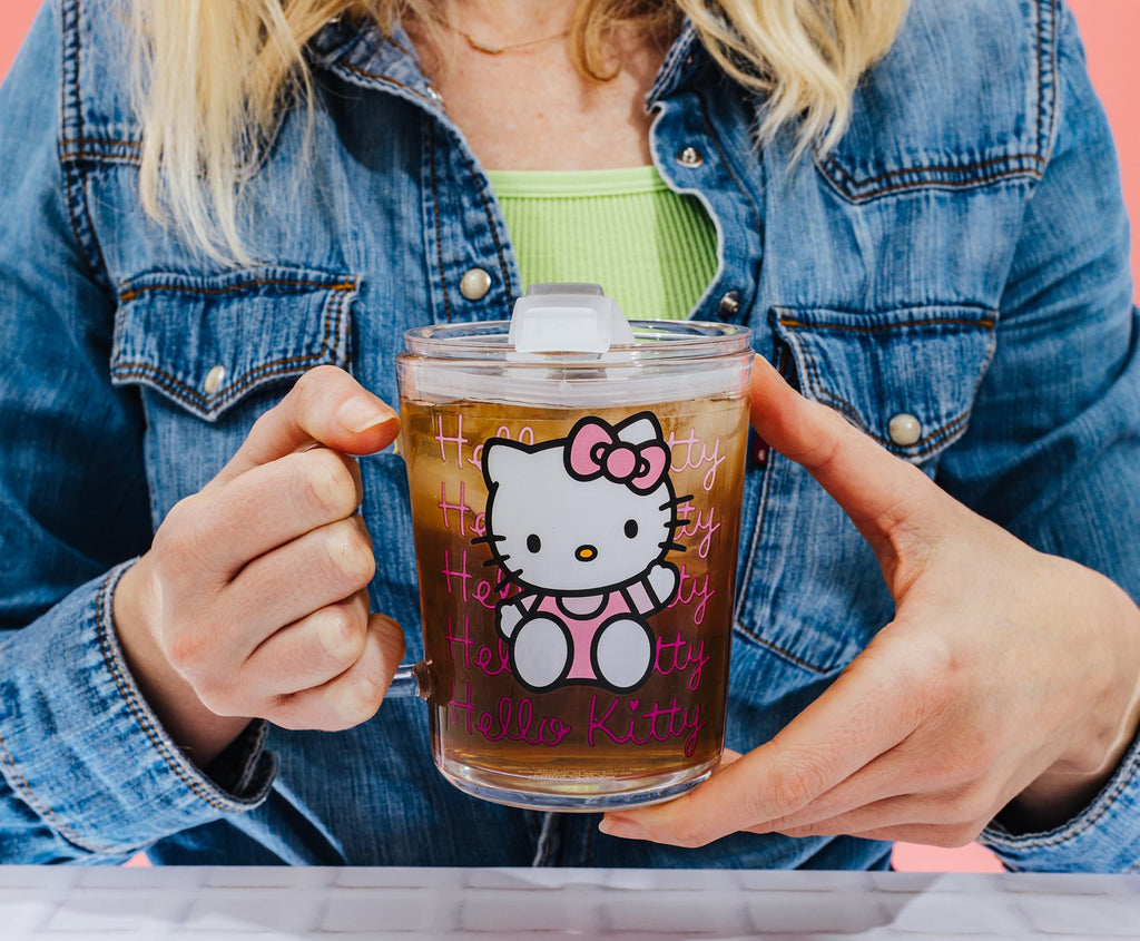Sanrio Hello Kitty Pink Outfit Glass Mug With Lid | Holds 14 Ounces