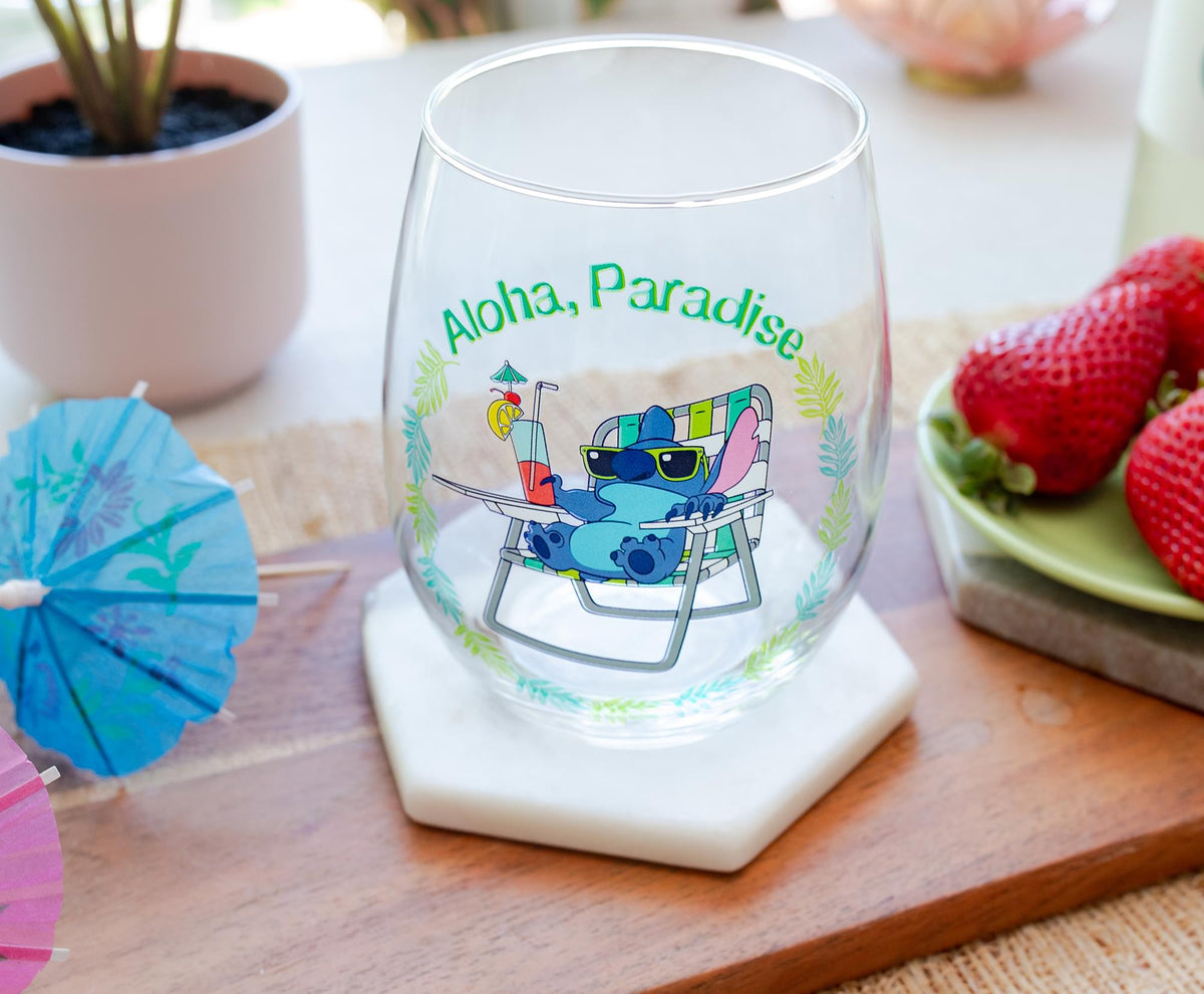 Disney Lilo & Stitch "Aloha, Paradise" Stemless Wine Glass | Holds 20 Ounces