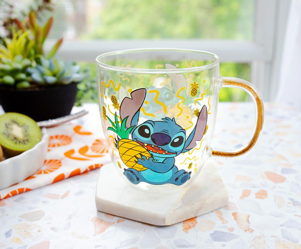 Disney Lilo & Stitch Pineapples Glitter Handle Glass Mug | 14 Ounces