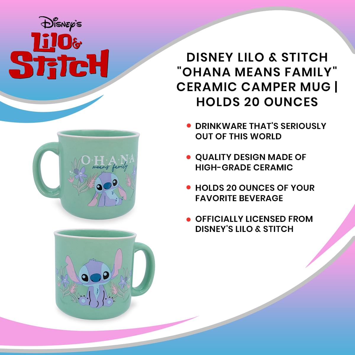 Disney Lilo & Stitch "Ohana Means Family" Ceramic Camper Mug | Holds 20 Ounces