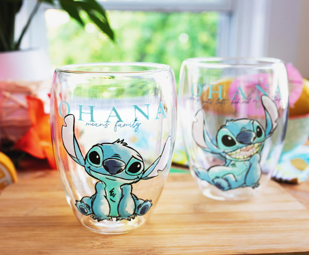 Disney Lilo and Stitch "Ohana Means Family" Floral Stemless Glasses | Set of 2