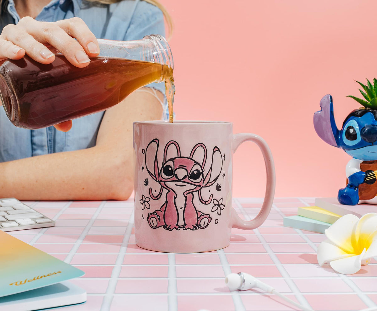 Disney Lilo & Stitch Angel Floral Ceramic Pottery Mug | Holds 17 Ounces