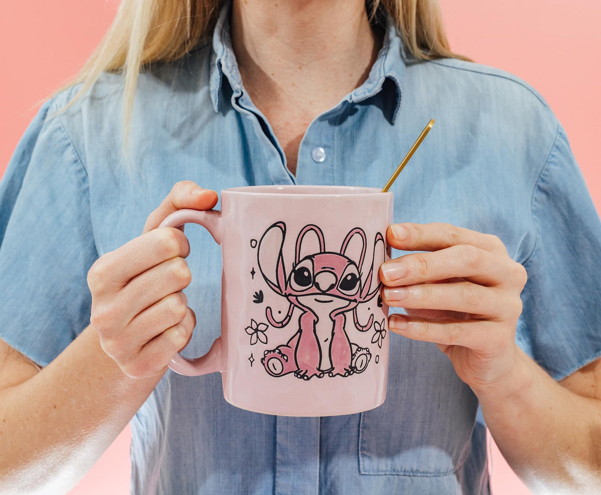 Disney Lilo & Stitch Angel Floral Ceramic Pottery Mug | Holds 17 Ounces
