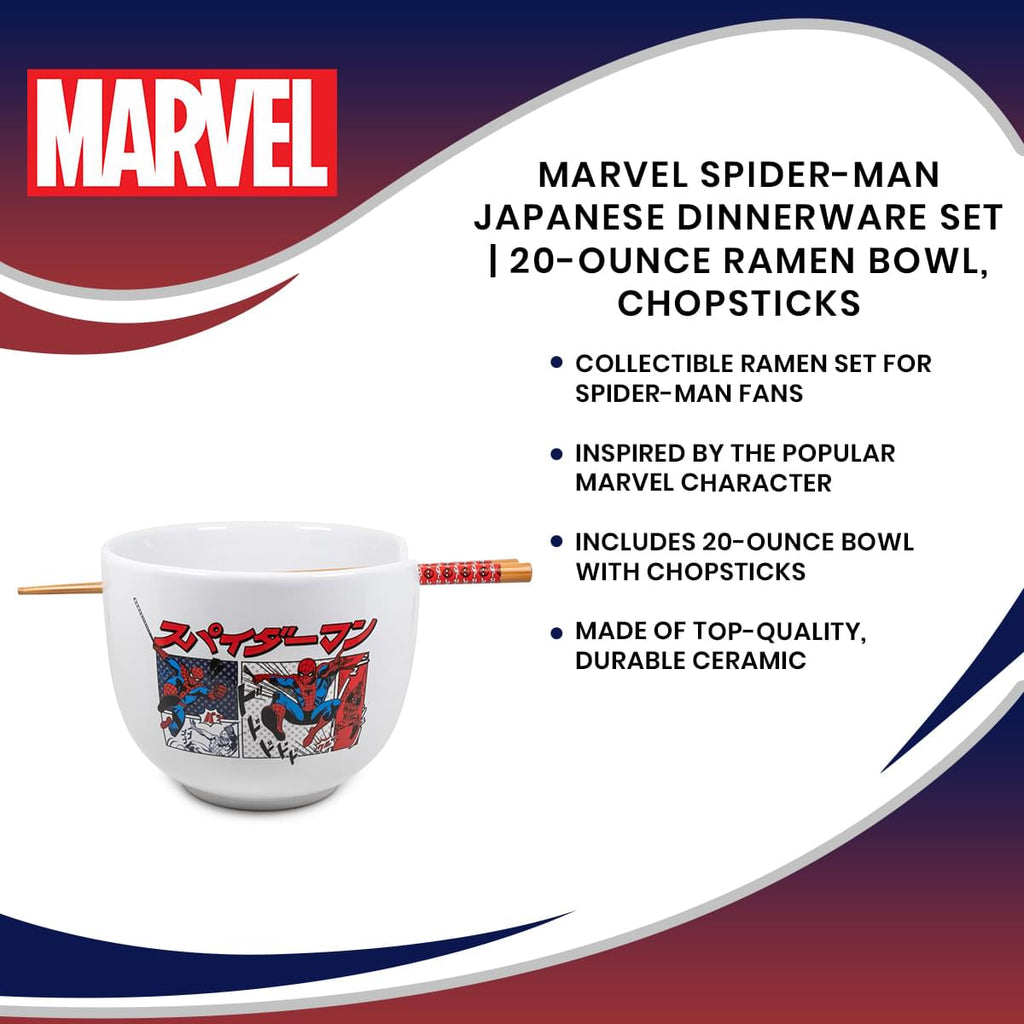 Marvel Spider-Man Japanese Dinnerware Set | 20-Ounce Ramen Bowl, Chopsticks