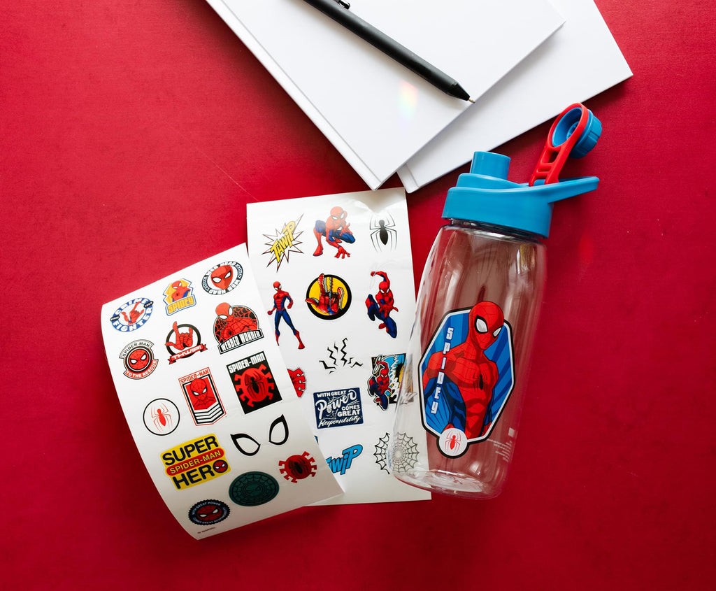 Marvel Comics Spider-Man Hinged Handle Plastic Water Bottle and Sticker Set
