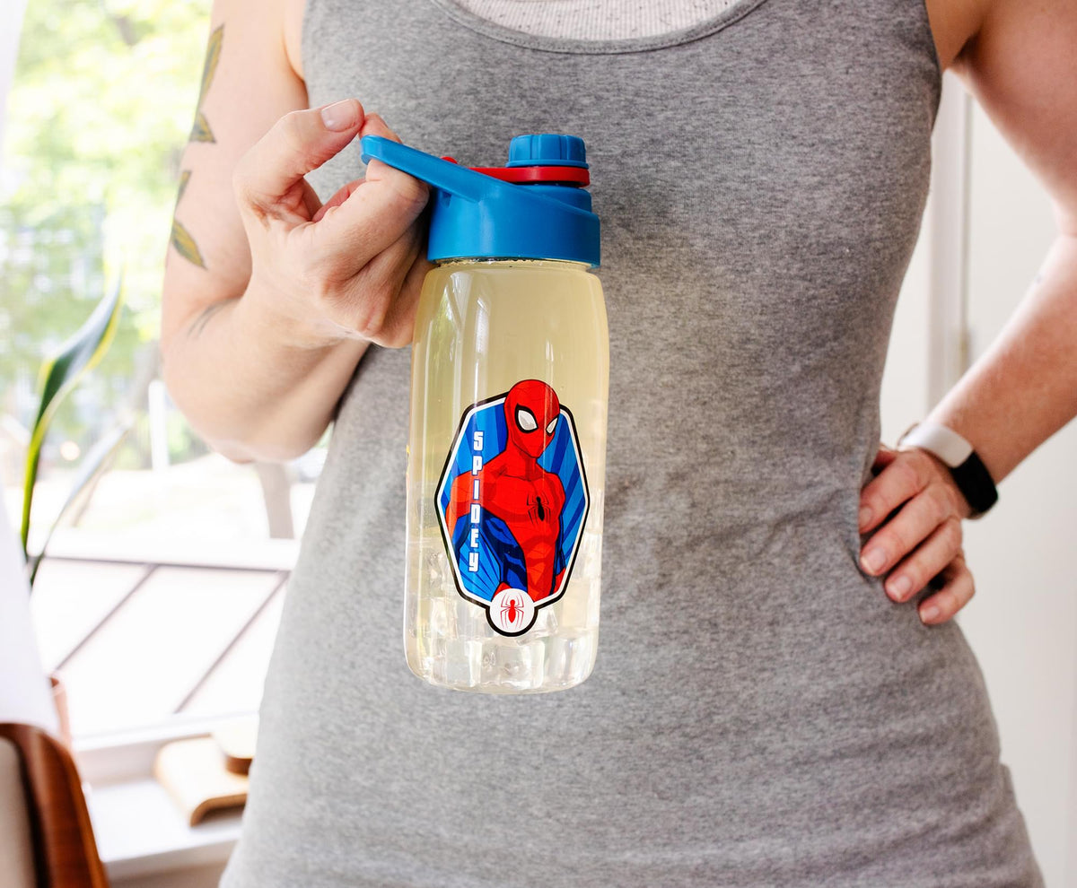 Marvel Comics Spider-Man Hinged Handle Plastic Water Bottle and Sticker Set