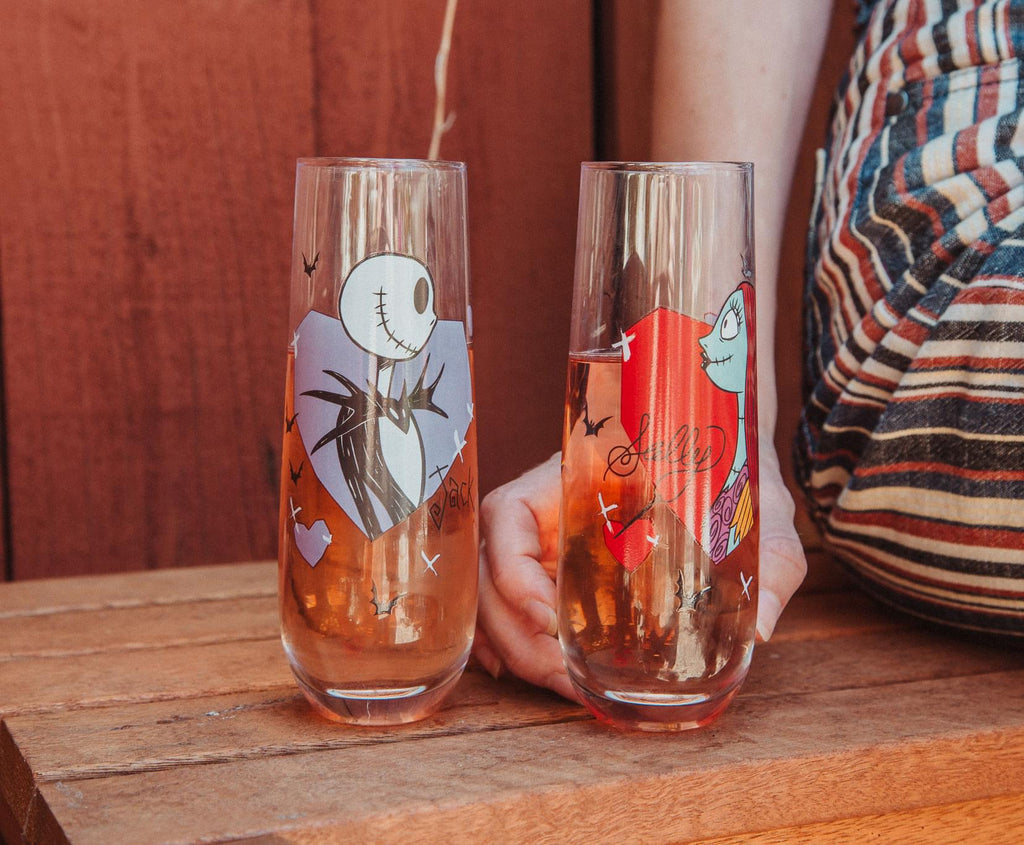 Disney The Nightmare Before Christmas Jack and Sally Fluted Glassware | Set of 2