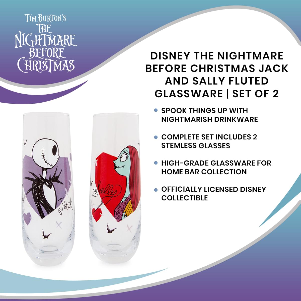Disney The Nightmare Before Christmas Jack and Sally Fluted Glassware | Set of 2
