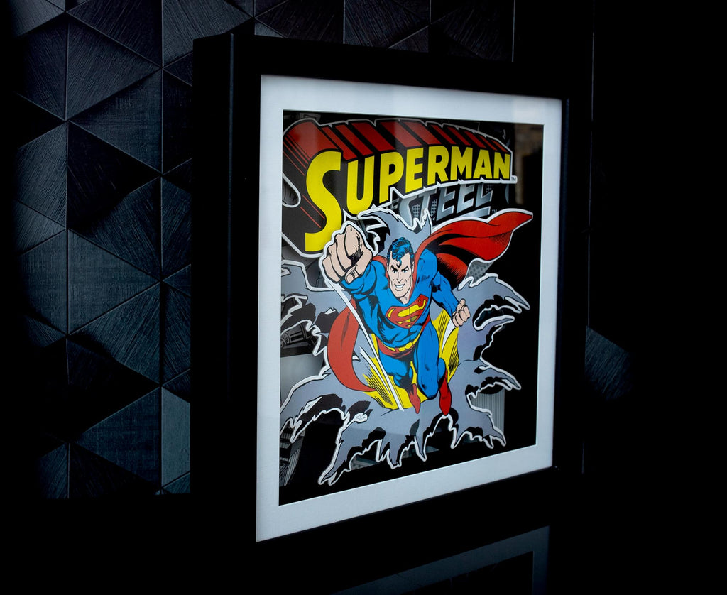 DC Comics Superman "Man of Steel" Wood Frame 3D Shadow Box Wall Art | 15 x 15 Inches