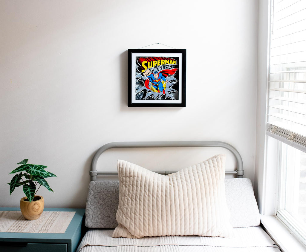DC Comics Superman "Man of Steel" Wood Frame 3D Shadow Box Wall Art | 15 x 15 Inches